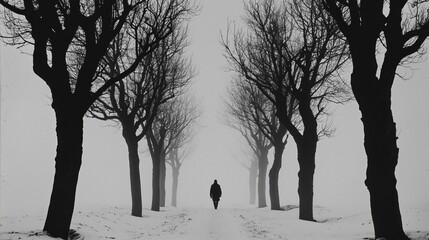 Solitary Figure Walking Through Snowy Winter Woodland Path