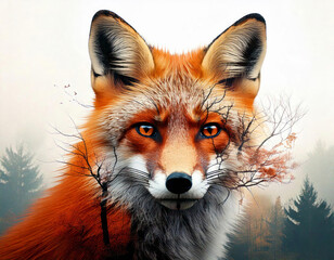 Fototapeta premium Double exposure photo of a wolf and the forest