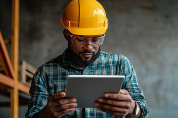 Warehouse manager holding tablet, focused on real time data in construction environment. His hard hat and safety glasses emphasize importance of safety and efficiency in workplace
