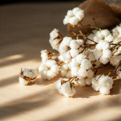 Concept photo of a cotton branches on wooden table with space for text
