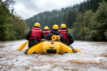 Rafting adventure forest river outdoor activity natural landscape rear view thrill-seeking experience
