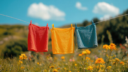 Colorful Towels Drying in Sunny Meadow Scene