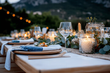 A beautifully arranged wedding reception setup featuring elegant table decor, sparkling candles, and lush greenery. serene mountain backdrop enhances romantic atmosphere, perfect for memorable celebra