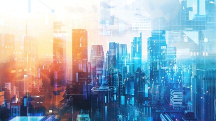 Fototapeta premium A futuristic cityscape with a digital overlay of lines and data.