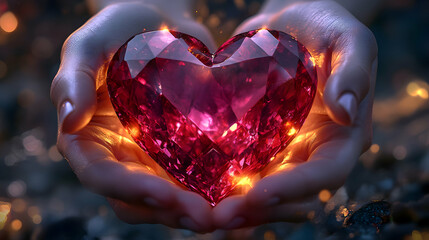 Glowing Crimson Heart Gem Held in Hands, a 3D Digital Art Illustration of Love and Preciousness