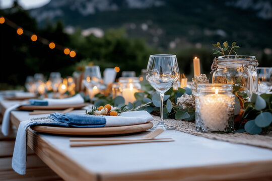 A beautifully arranged wedding reception setup featuring elegant table decor, sparkling candles, and lush greenery. serene mountain backdrop enhances romantic atmosphere, perfect for memorable celebra