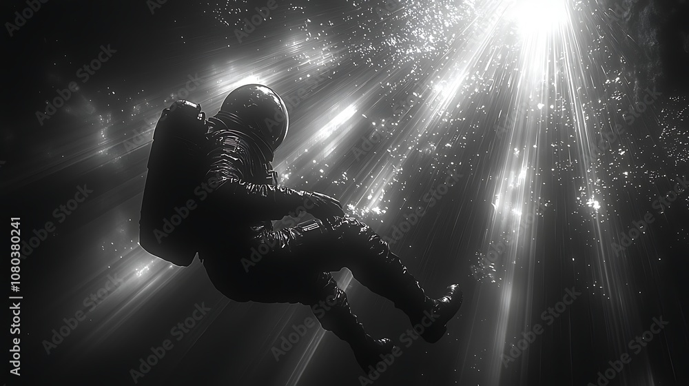 Aufkleber astronaut floating in space surrounded by ethereal light beams and cosmic dust particles, capturing 