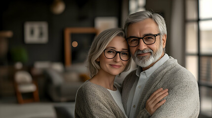 Fototapeta premium A loving mature couple embraces warmly, smiling contentedly in their cozy home. An intimate portrait showcasing their happy relationship.
