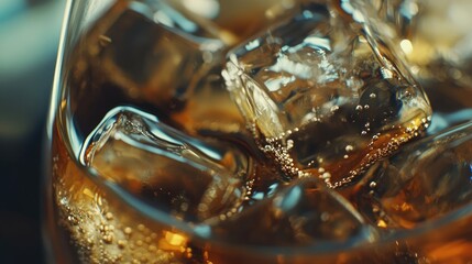 Close-Up of Glass with Cola and Ice Cubes, High-Resolution Macro Photography