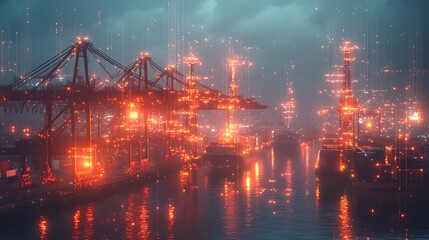 Fototapeta premium Dynamic view of an industrial port, Aerial view of a busy container port at sunset