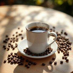 Concept photo of a cup of coffee on light wooden table with space for text