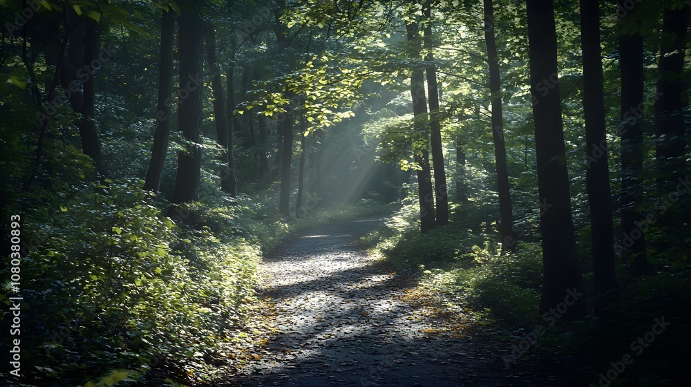 Poster a serene forest path illuminated by soft sunlight, inviting exploration and tranquility.