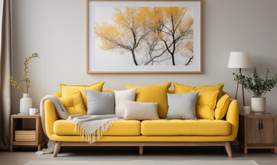Yellow Sofa with Grey Pillows and Blanket in Modern Living Room Interior