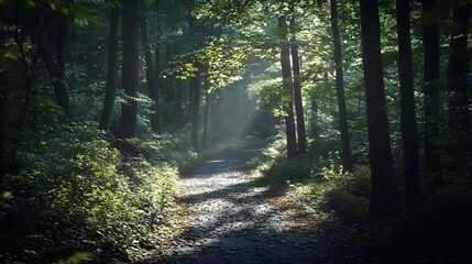 Fototapeta premium A serene forest path illuminated by soft sunlight, inviting exploration and tranquility.