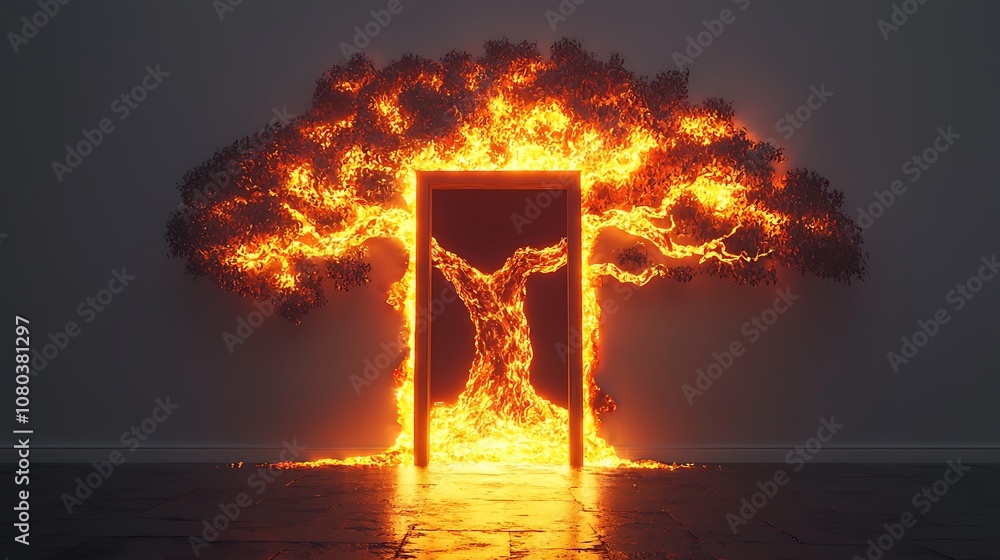 Poster a striking visualization of a burning tree emerging from a door frame, representing transformation, 