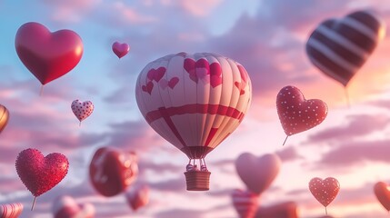 Obraz premium Valentine's Day heart shaped hot air balloon illustration poster background