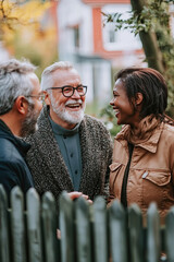 Diverse neighbors chatting over the fence in a friendly neighborhood
