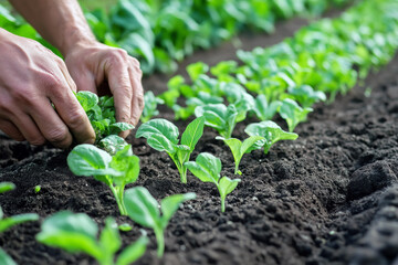 Farmer planting seeds in an organic vegetable garden, with rows of young green plants growing in the background.