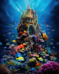 Colored coral reefs and marine life