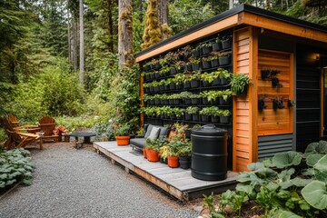 Naklejka premium Outdoor seating and compost setup with vertical garden in forest