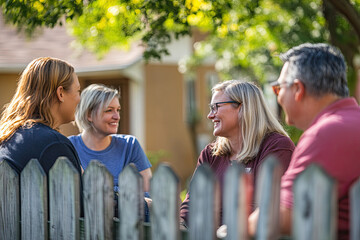 Diverse neighbors chatting over the fence in a friendly neighborhood
