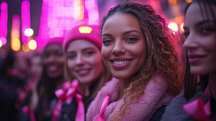 Smiling women in pink attire at a festive event.