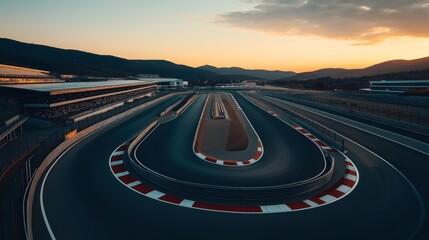 Naklejka premium Aerial view of an empty motor racing circuit at sunset with surrounding mountains and stadium seating.