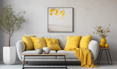 Modern Living Room Interior Design with Yellow Pillows and Blanket