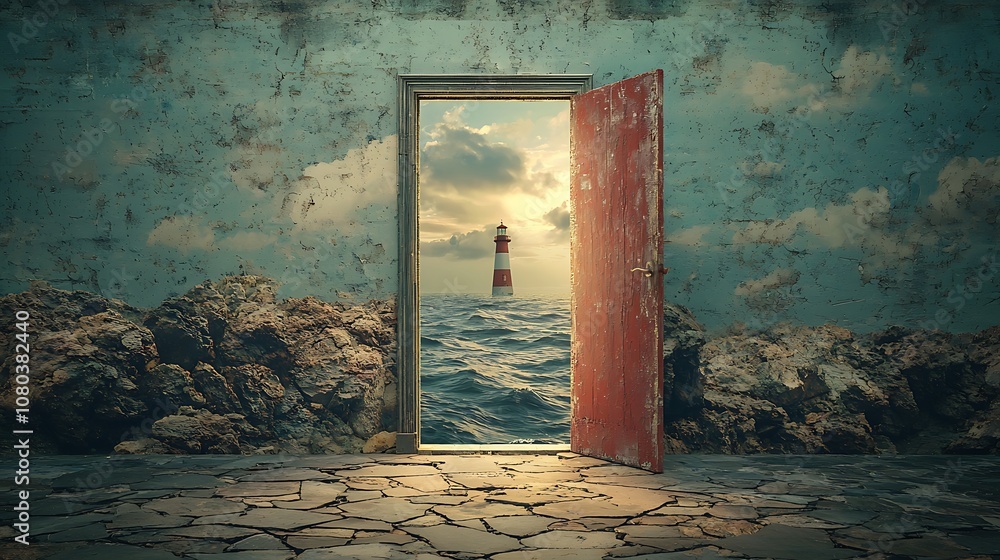 Poster surreal scene of an open door revealing a seascape with a lighthouse surrounded by waves and rocks, 