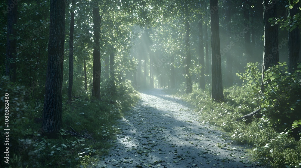 Poster a serene forest path illuminated by soft sunlight filtering through the trees.
