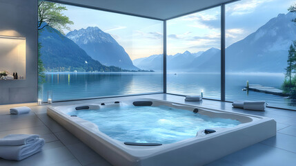 Fototapeta premium Serene Mountain Lake View Spa: 3D Render of a Modern Hot Tub with Panoramic Windows overlooking tranquil waters and majestic mountains.