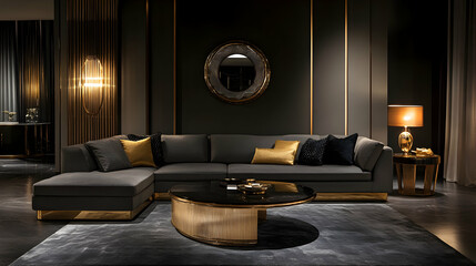 Luxury Sectional Sofa with Gold Accents in Dark Room, featuring a Circular Mirror and Modern Coffee Table