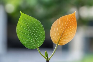 Obraz premium Examining the transition of leaf colors from green to orange nature close-up photography botanical environment macro view seasonal change