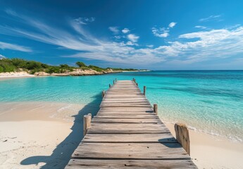 Obraz premium Wooden Pier Leading to Turquoise Ocean and Beach