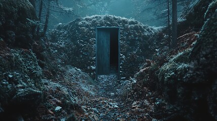 Mysterious Forest Scene Featuring an Abandoned Door Surrounded by Lush Greenery and Soft Fog, Evoking a Sense of Enchantment and Intrigue