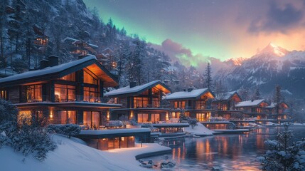 Fototapeta premium Experience the enchantment of a swiss alpine chalet with snow-covered rooftops and warm glowing lights