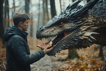 young man feeds a dangerous dragon by hand with piece of meat, taming a dangerous beast, the atmosphere of a fantasy forest