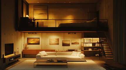 Cozy Library with Warm Lighting