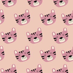 Modern seamless pattern with cute pink tigers. Colorful design with animals. Pattern for fabric, textiles, notepads and wrapping paper.