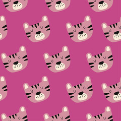 Pink seamless pattern with a wild tiger head.