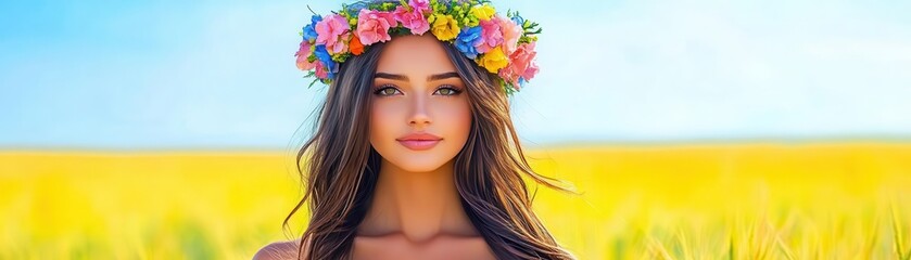 Naklejka premium Girl with a flower crown, serene expression, dreamy field, watercolor style