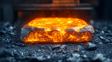 Glowing Molten Rock Block on Dark Surface, Abstract 3D Render