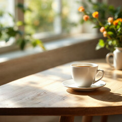 Obraz premium Concept photo of a cup of coffee on light wooden table with space for text