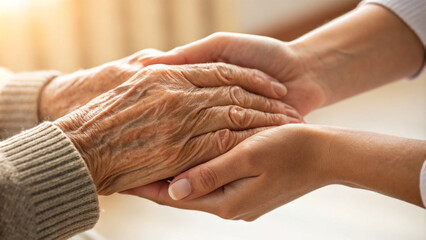 giving help a young girl holding old people hand. An elderly care love support with sunset background.