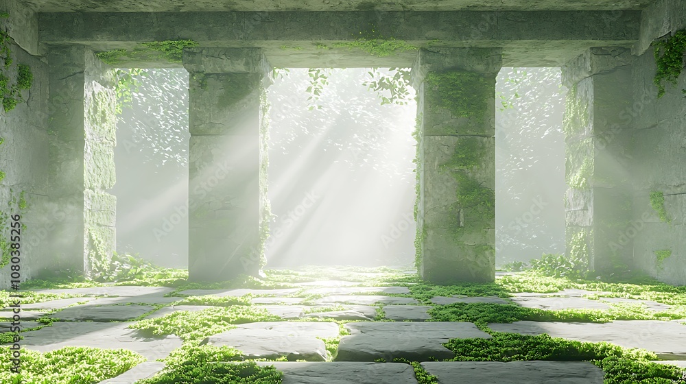 Poster serene ruins of an ancient temple embraced by nature with soft light and lush greenery illuminating 