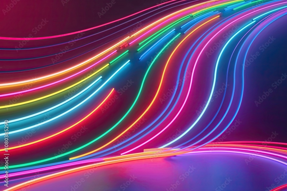 Aufkleber 3d render of abstract background with colorful neon wavy lines