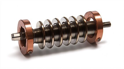 Fototapeta premium Industrial Artistry: Intricate Close-Up of a Precision-Engineered Metal Component. Explore the interplay of copper and steel in this captivating mechanical marvel.