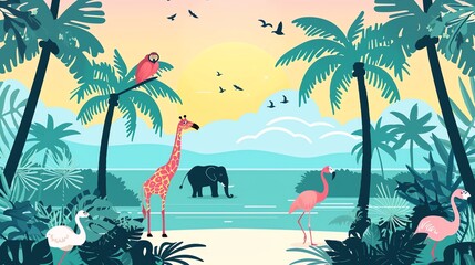 A colorful cartoon illustration of a tropical beach scene with animals.
