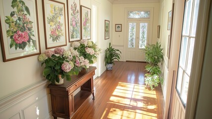 Sunlit Hallway with Framed Botanical Prints on Walls