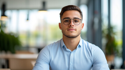 Obraz premium confident young man with glasses sits in modern cafe, showcasing professional demeanor. bright, airy environment enhances relaxed yet focused atmosphere.